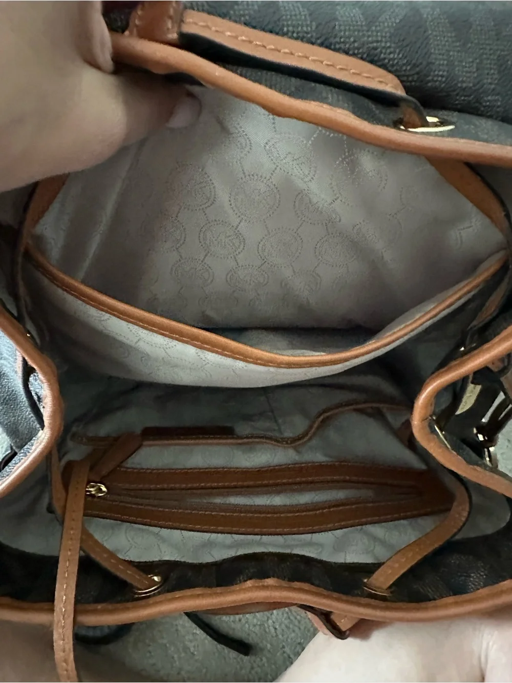 Michael Kors Dark Brown Monogram Backpack with Tan Trim